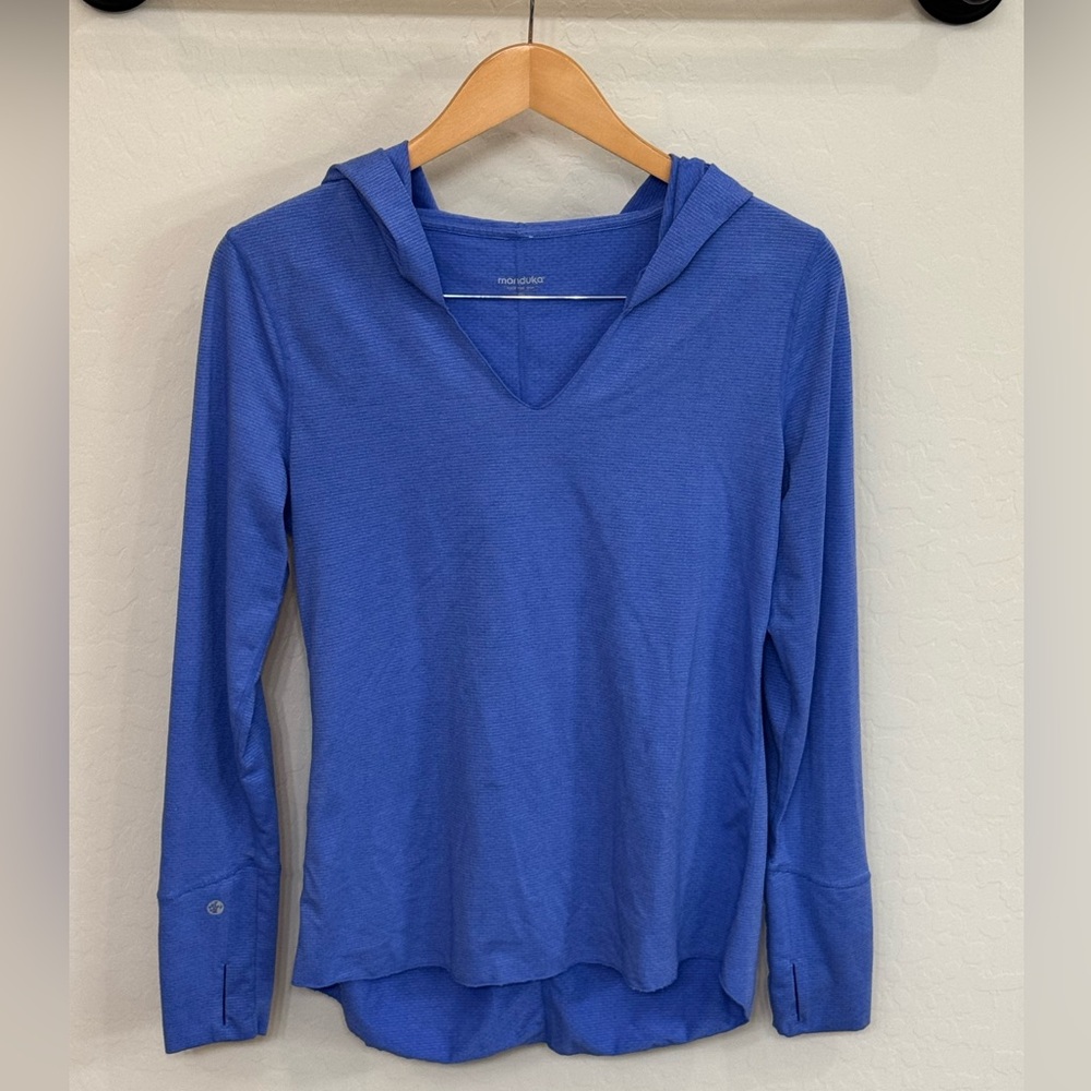 Manduka Blue Made For Yoga Lightweight V-Neck Hoodie Top Size M